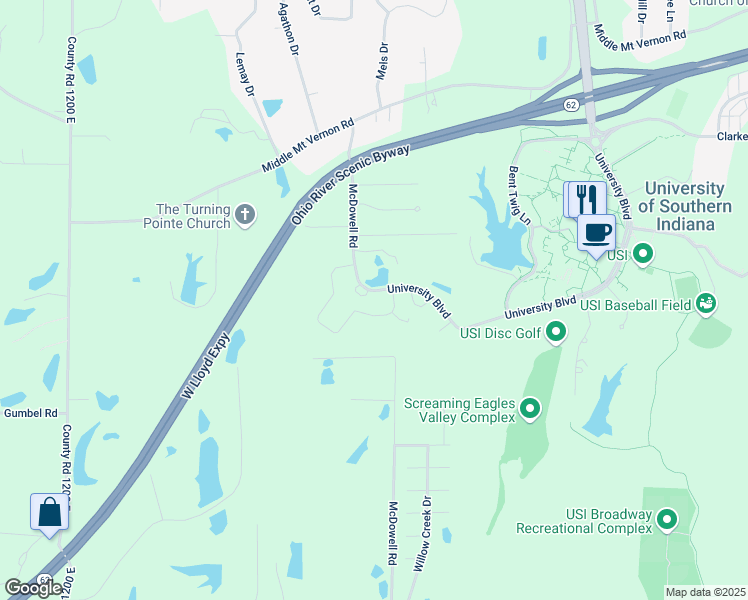 map of restaurants, bars, coffee shops, grocery stores, and more near 1603 McDowell Road in Evansville