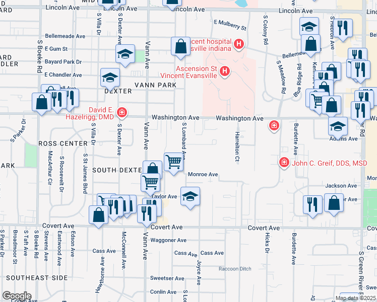 map of restaurants, bars, coffee shops, grocery stores, and more near 1158 South Lombard Avenue in Evansville