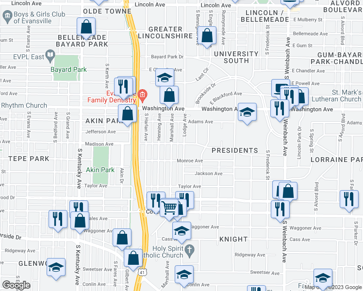 map of restaurants, bars, coffee shops, grocery stores, and more near 1201 Lodge Avenue in Evansville