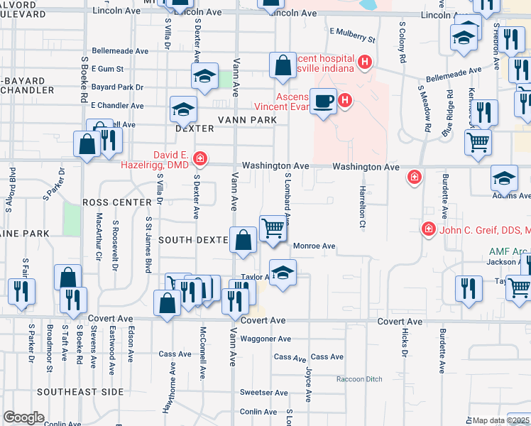 map of restaurants, bars, coffee shops, grocery stores, and more near 1228 Hatfield Drive in Evansville