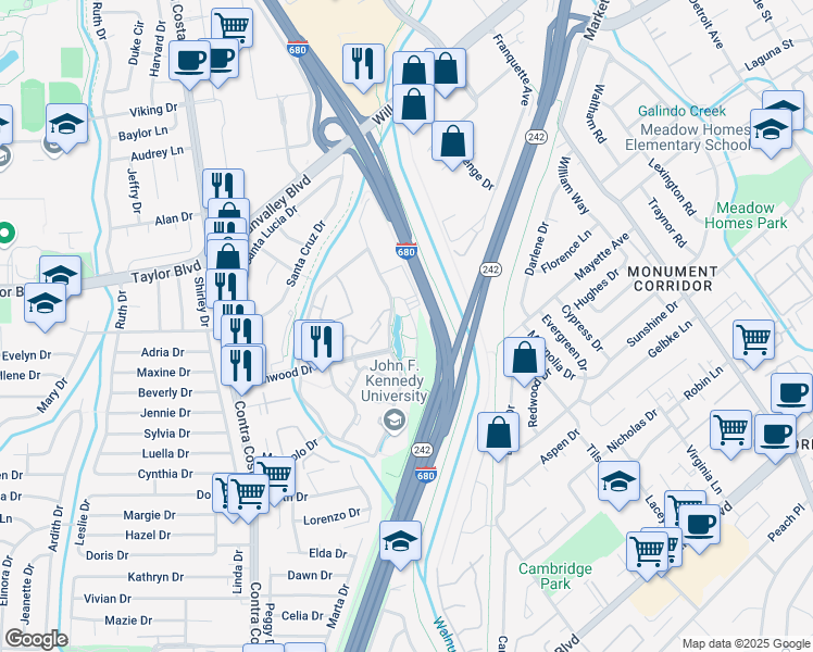 map of restaurants, bars, coffee shops, grocery stores, and more near 500 Ellinwood Way in Pleasant Hill