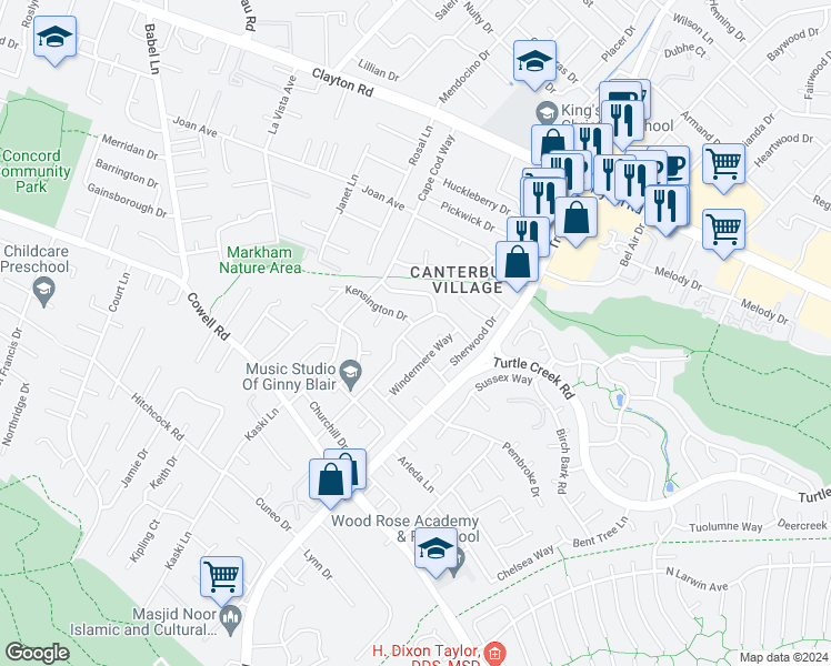 map of restaurants, bars, coffee shops, grocery stores, and more near 1326 Shakespeare Drive in Concord