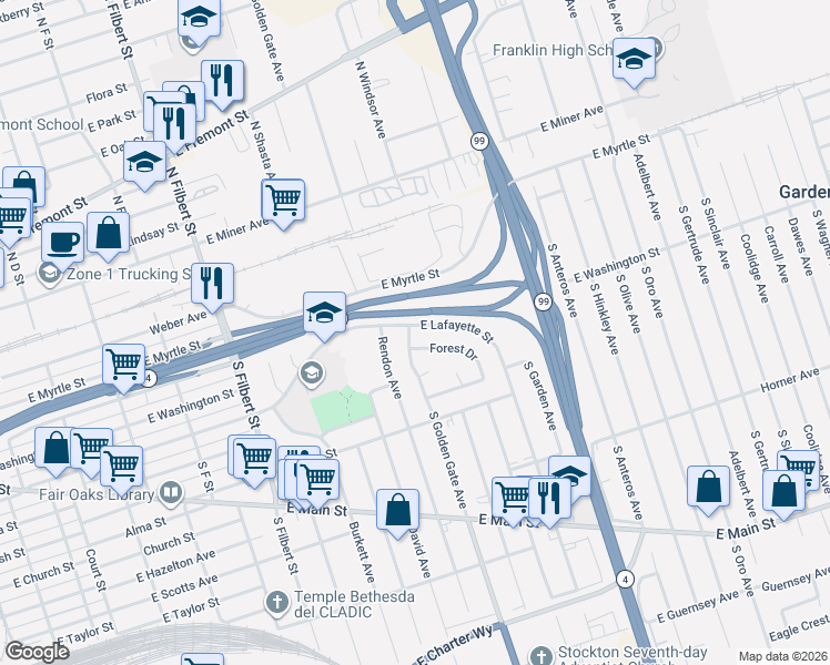 map of restaurants, bars, coffee shops, grocery stores, and more near 3202 East Lafayette Street in Stockton