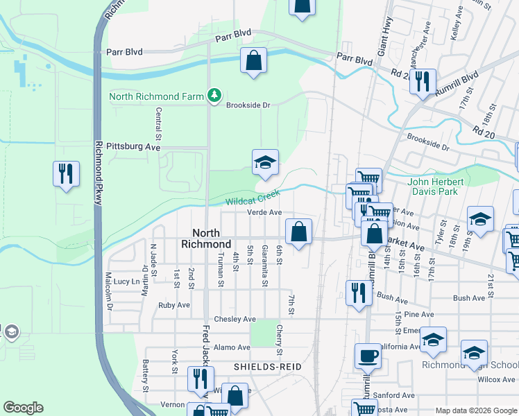 map of restaurants, bars, coffee shops, grocery stores, and more near 517 Verde Avenue in Richmond