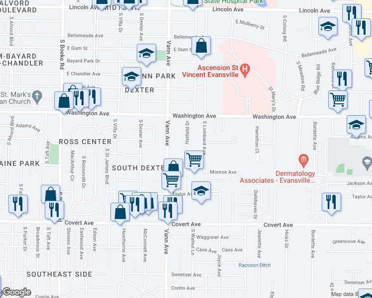 map of restaurants, bars, coffee shops, grocery stores, and more near 1246 Hatfield Drive in Evansville