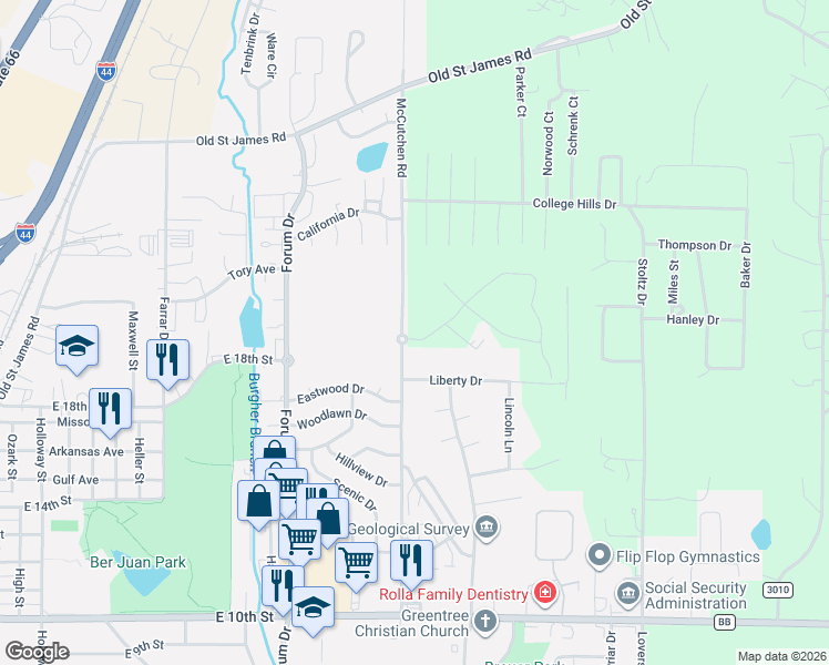 map of restaurants, bars, coffee shops, grocery stores, and more near 2001 McCutchen Road in Rolla