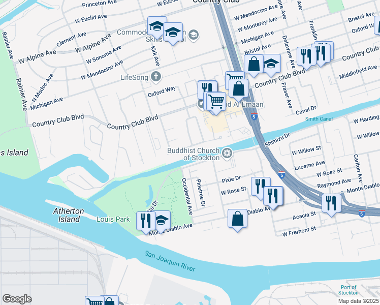 map of restaurants, bars, coffee shops, grocery stores, and more near 2920 Canal Drive in Stockton