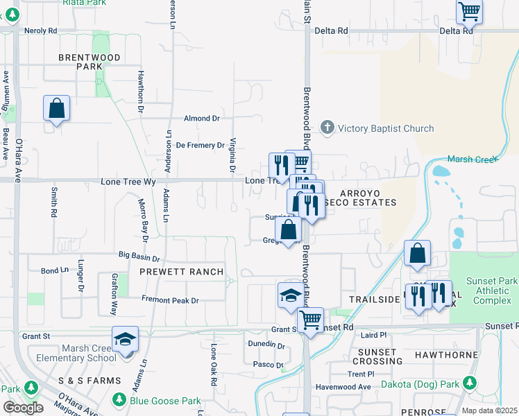 map of restaurants, bars, coffee shops, grocery stores, and more near 180-190 Sunrise Drive in Brentwood