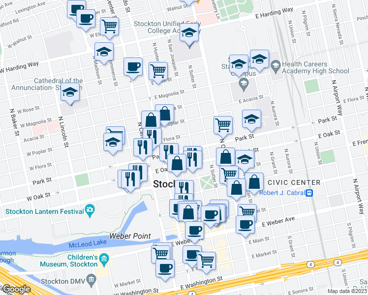 map of restaurants, bars, coffee shops, grocery stores, and more near 736 North Hunter Street in Stockton