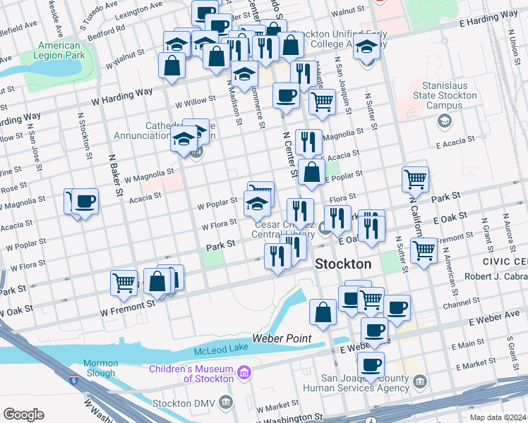 map of restaurants, bars, coffee shops, grocery stores, and more near 817 North Madison Street in Stockton