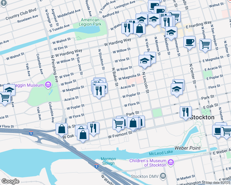 map of restaurants, bars, coffee shops, grocery stores, and more near 825 Acacia Street in Stockton