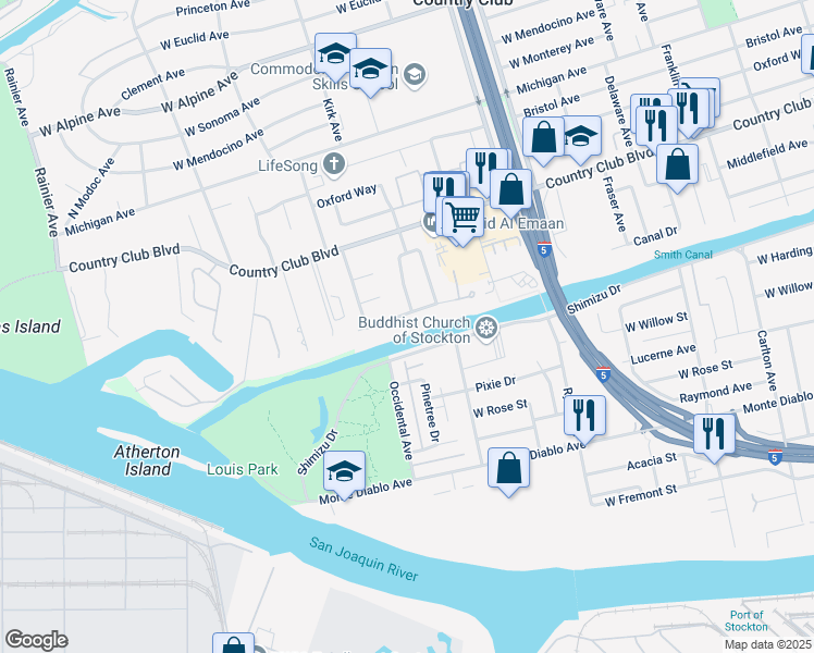 map of restaurants, bars, coffee shops, grocery stores, and more near 2920 Canal Drive in Stockton