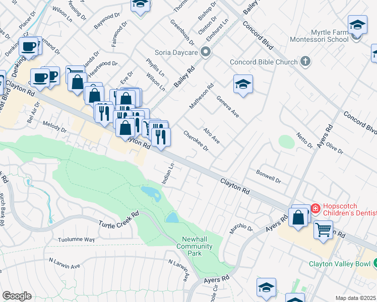 map of restaurants, bars, coffee shops, grocery stores, and more near 4876 Cherokee Drive in Concord