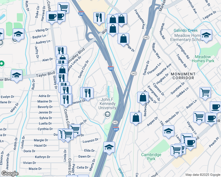 map of restaurants, bars, coffee shops, grocery stores, and more near Senator Daniel E. Boatwright Hwy in Pleasant Hill