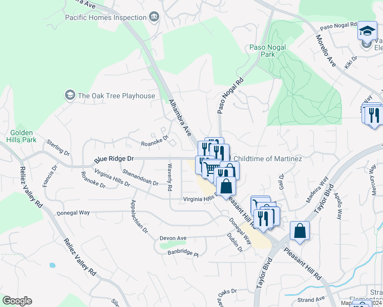 map of restaurants, bars, coffee shops, grocery stores, and more near 900 Roanoke Drive in Martinez