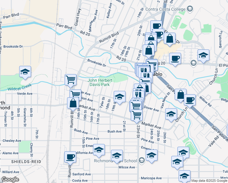 map of restaurants, bars, coffee shops, grocery stores, and more near 1977 19th Street in San Pablo