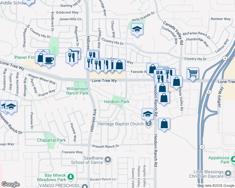 map of restaurants, bars, coffee shops, grocery stores, and more near 5121 Deerspring Way in Antioch