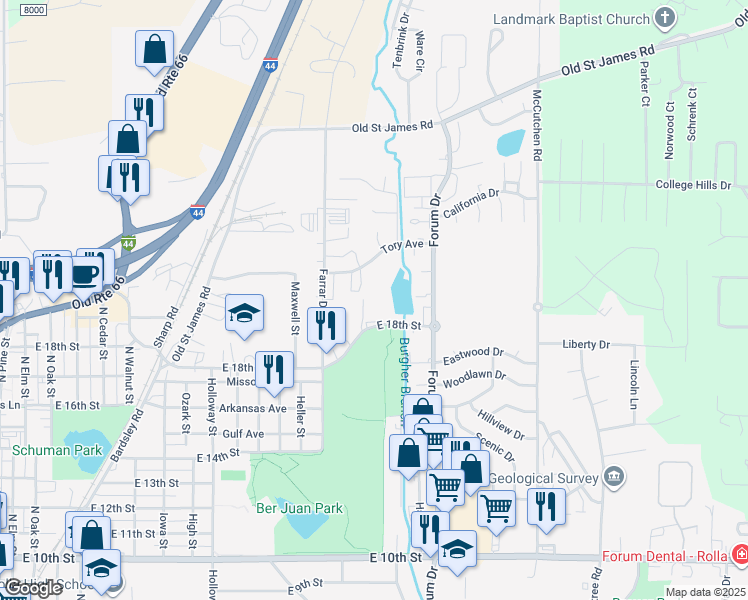 map of restaurants, bars, coffee shops, grocery stores, and more near 1101 East 18th Street in Rolla