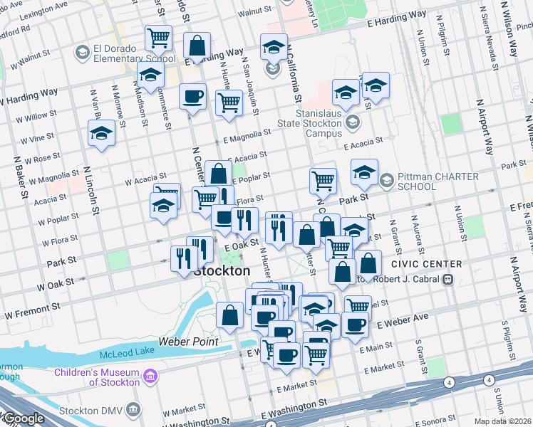 map of restaurants, bars, coffee shops, grocery stores, and more near 736 North Hunter Street in Stockton