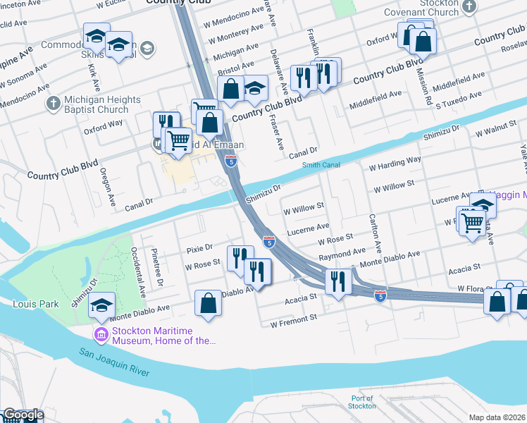 map of restaurants, bars, coffee shops, grocery stores, and more near 1417 Queen Avenue in Stockton