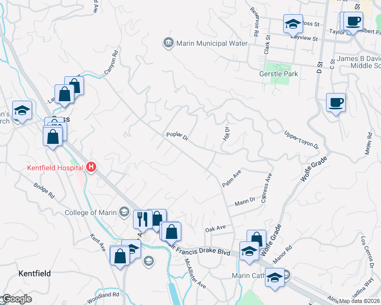 map of restaurants, bars, coffee shops, grocery stores, and more near 235 Poplar Drive in Kentfield