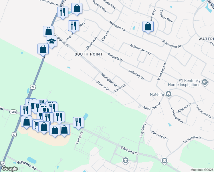 map of restaurants, bars, coffee shops, grocery stores, and more near 369 Atwood Drive in Lexington