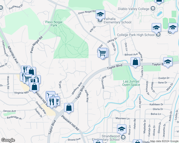 map of restaurants, bars, coffee shops, grocery stores, and more near 2933 Madeira Way in Pleasant Hill