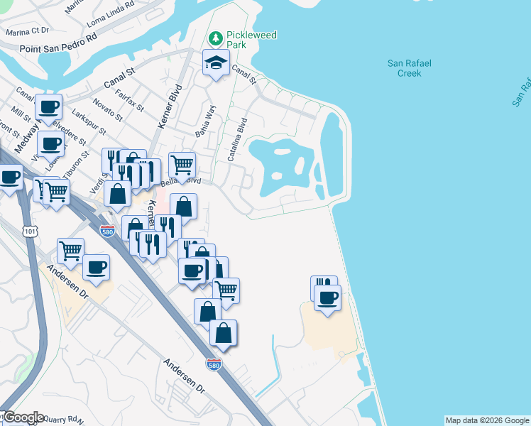map of restaurants, bars, coffee shops, grocery stores, and more near 184 Baypoint Drive in San Rafael