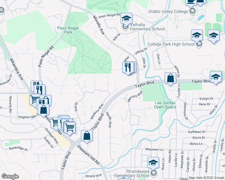 map of restaurants, bars, coffee shops, grocery stores, and more near 2933 Madeira Way in Pleasant Hill