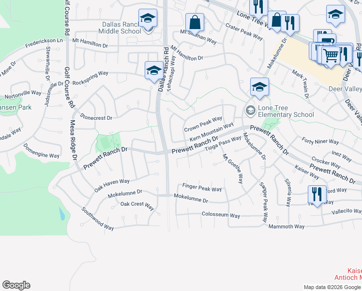 map of restaurants, bars, coffee shops, grocery stores, and more near 1720 Kern Mountain Way in Antioch
