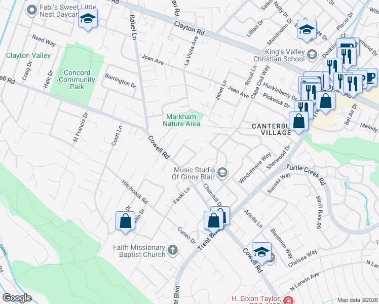 map of restaurants, bars, coffee shops, grocery stores, and more near 4054 Kimberly Place in Concord