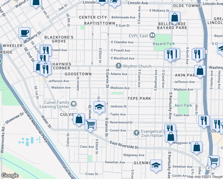 map of restaurants, bars, coffee shops, grocery stores, and more near 609 Madison Avenue in Evansville