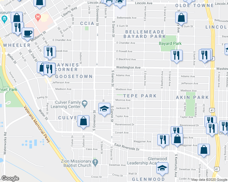 map of restaurants, bars, coffee shops, grocery stores, and more near 601 Madison Avenue in Evansville