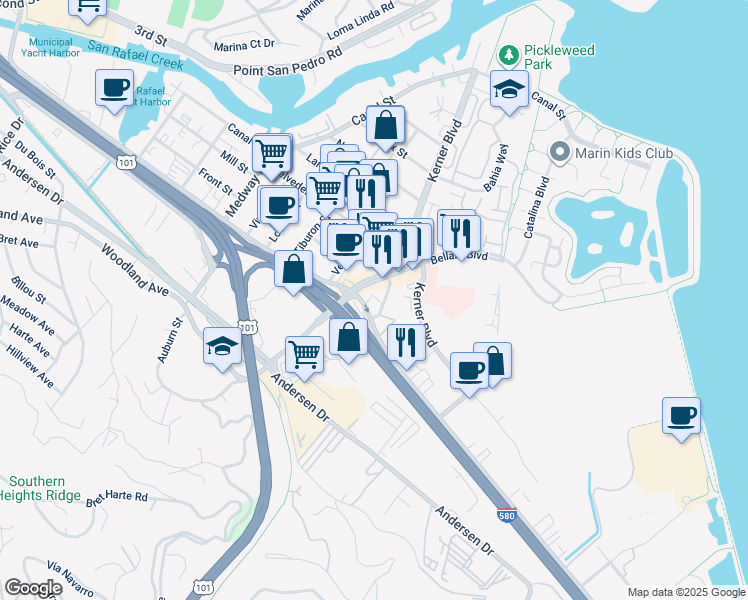 map of restaurants, bars, coffee shops, grocery stores, and more near 47 Castro Avenue in San Rafael