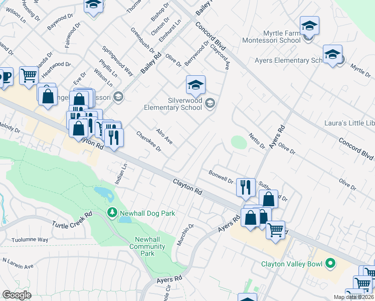 map of restaurants, bars, coffee shops, grocery stores, and more near 1543 Laverne Court in Concord