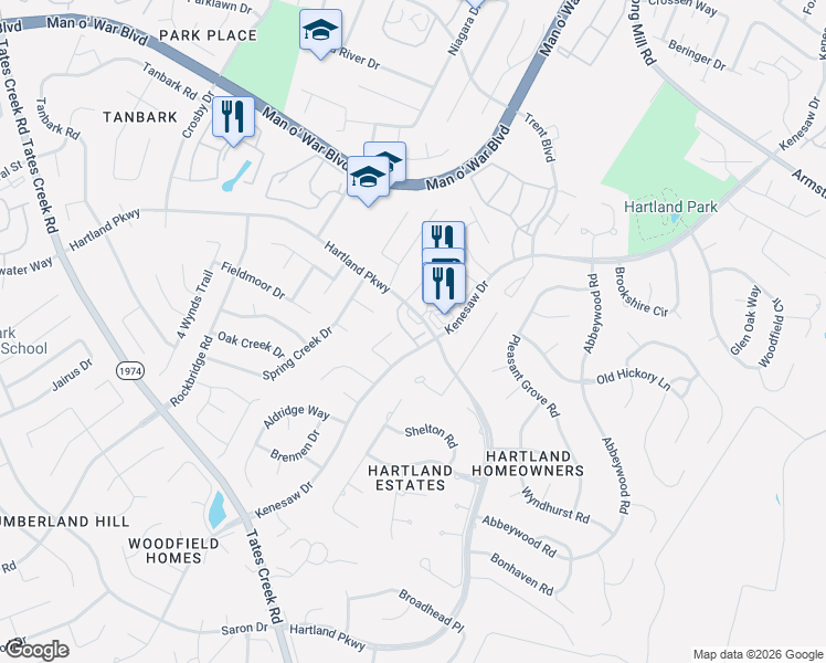 map of restaurants, bars, coffee shops, grocery stores, and more near 1245 Kenesaw Village Drive in Lexington
