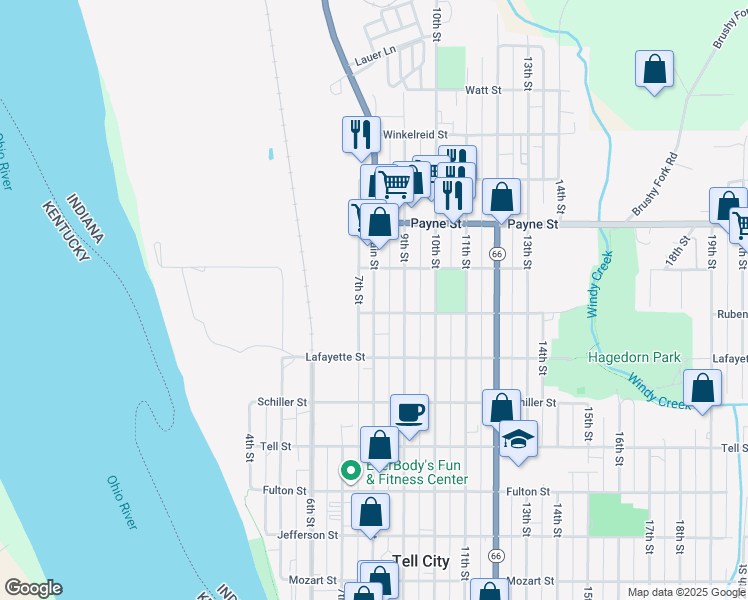 map of restaurants, bars, coffee shops, grocery stores, and more near 1322 Main Street in Tell City