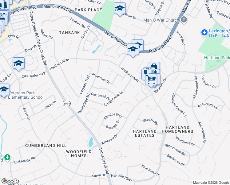 map of restaurants, bars, coffee shops, grocery stores, and more near 4644 Hickory Creek Drive in Lexington