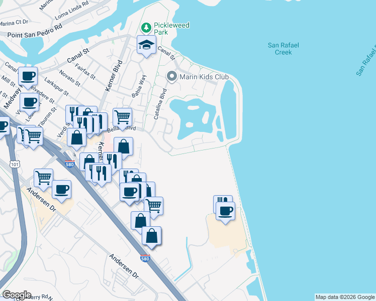 map of restaurants, bars, coffee shops, grocery stores, and more near 184 Baypoint Drive in San Rafael