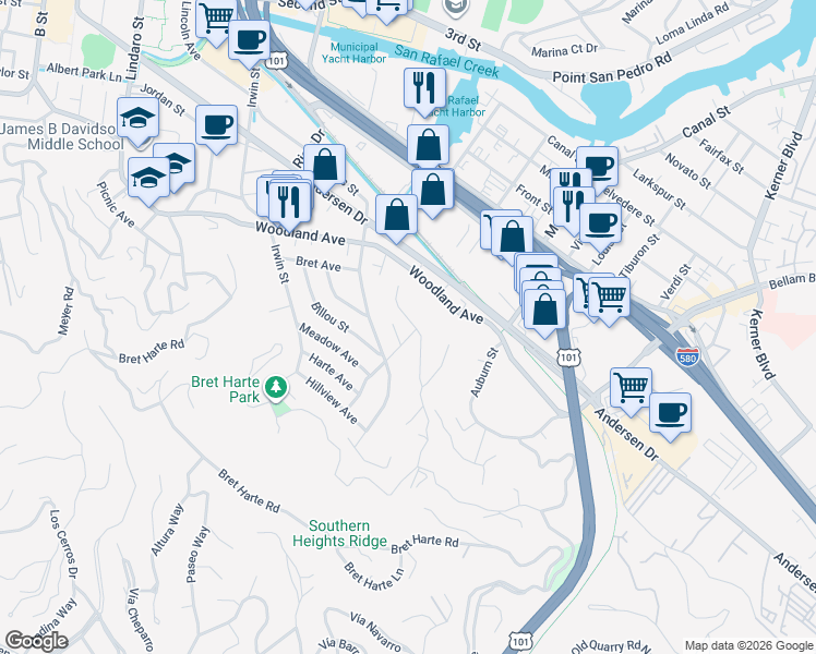 map of restaurants, bars, coffee shops, grocery stores, and more near 45 Blossom Drive in San Rafael