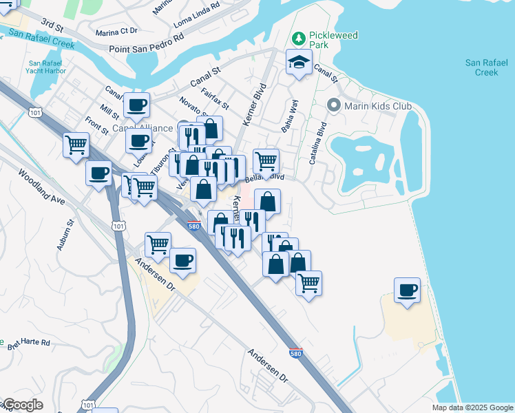 map of restaurants, bars, coffee shops, grocery stores, and more near 3253 Kerner Boulevard in San Rafael