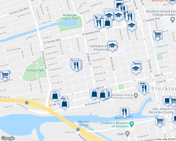 map of restaurants, bars, coffee shops, grocery stores, and more near 812 West Acacia Street in Stockton