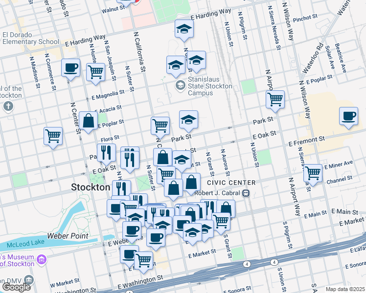 map of restaurants, bars, coffee shops, grocery stores, and more near 639 North Stanislaus Street in Stockton