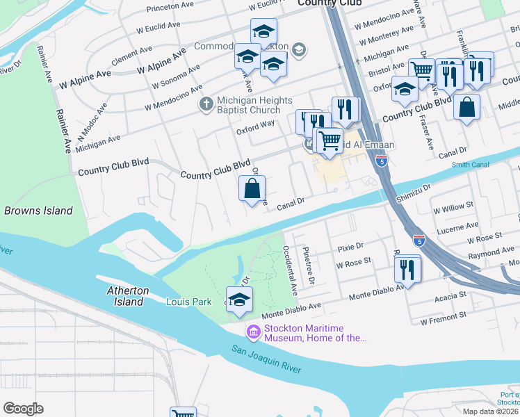 map of restaurants, bars, coffee shops, grocery stores, and more near 2000 Amblers Lane in Stockton