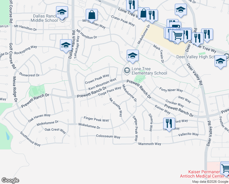 map of restaurants, bars, coffee shops, grocery stores, and more near 1904 Tioga Pass Way in Antioch