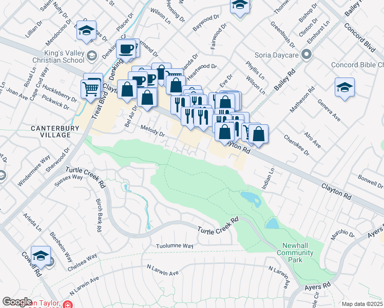 map of restaurants, bars, coffee shops, grocery stores, and more near 4640 Melody Drive in Concord