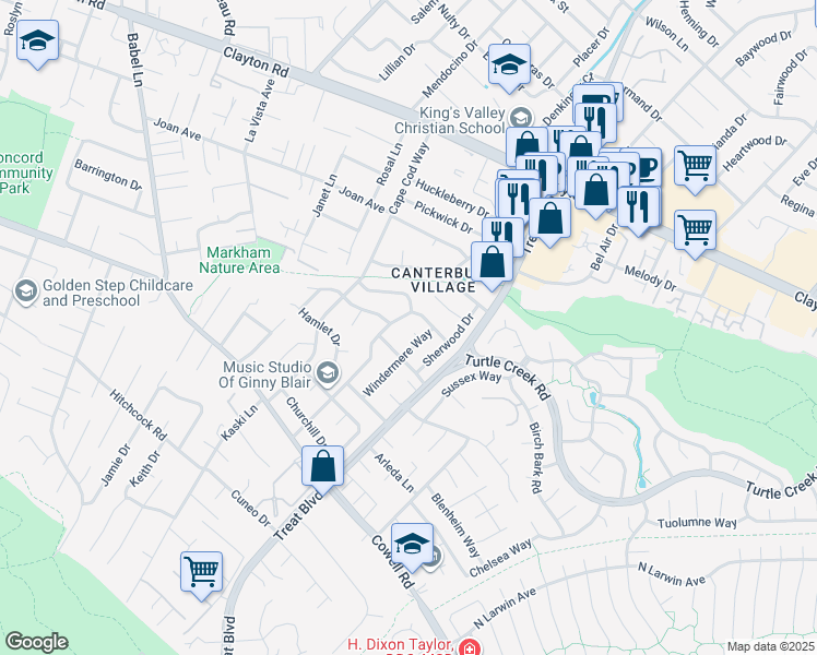 map of restaurants, bars, coffee shops, grocery stores, and more near 1360 Shakespeare Drive in Concord