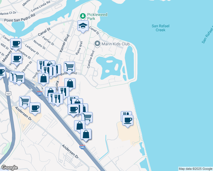 map of restaurants, bars, coffee shops, grocery stores, and more near 184 Baypoint Drive in San Rafael