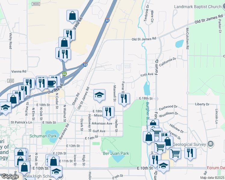 map of restaurants, bars, coffee shops, grocery stores, and more near 1910 Maxwell Street in Rolla