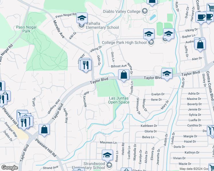 map of restaurants, bars, coffee shops, grocery stores, and more near 532 Tananger Heights Lane in Pleasant Hill